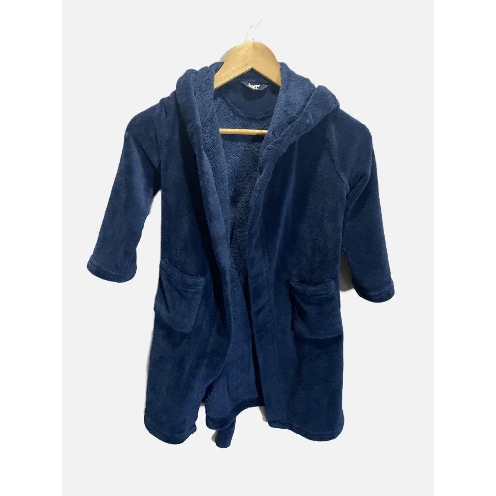 Lands' End Fleece Robe Kids 4 Navy Blue Hooded Plush Soft Loungewear Bathrobe‎
